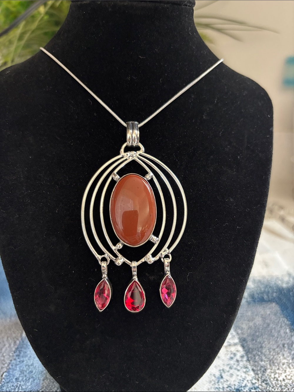 Sterling Silver Carnelian Garnet Gemstone Pendant Necklace